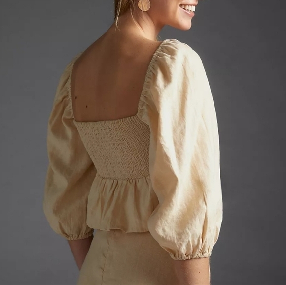 Faithfull the Brand Smocked Linen Crop Top with Peplum Hem in Sand Size 8 - Picture 4 of 12